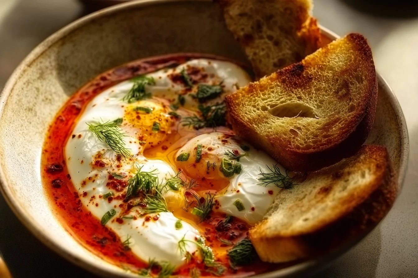 A plate of Turkish Eggs garnished with herbed yogurt and spices.