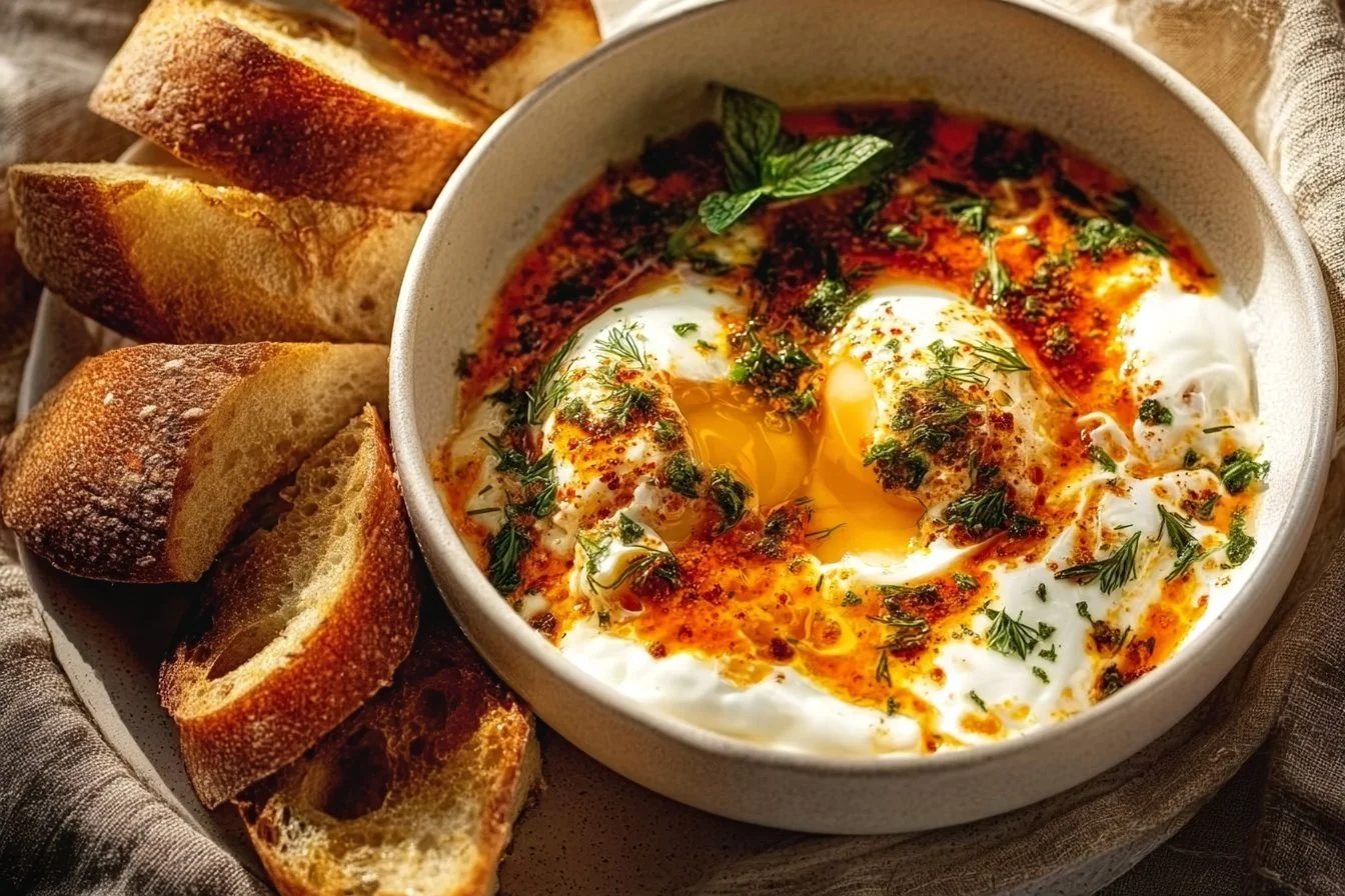 Plate of Turkish eggs topped with herbed yogurt and spices