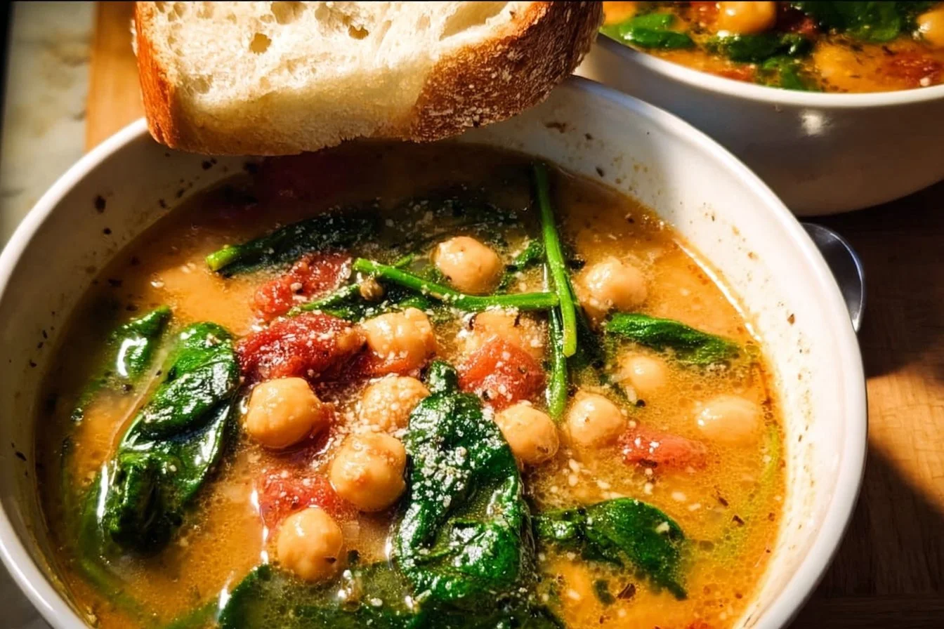 Bowl of Tuscan Chickpea Soup garnished with herbs and vegetables.