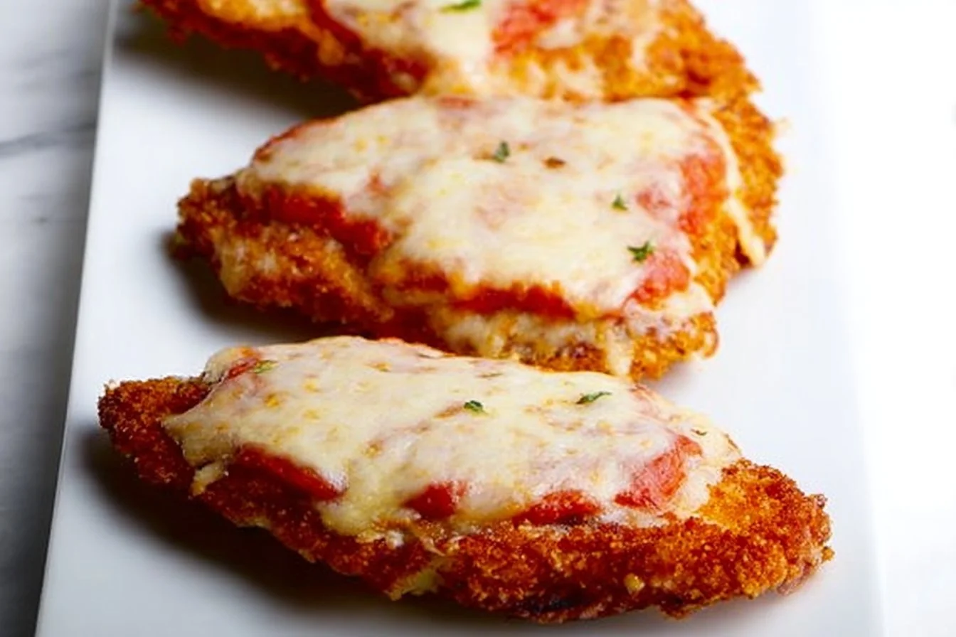 Quick 15-minute Chicken Parmesan served with pasta and fresh herbs.
