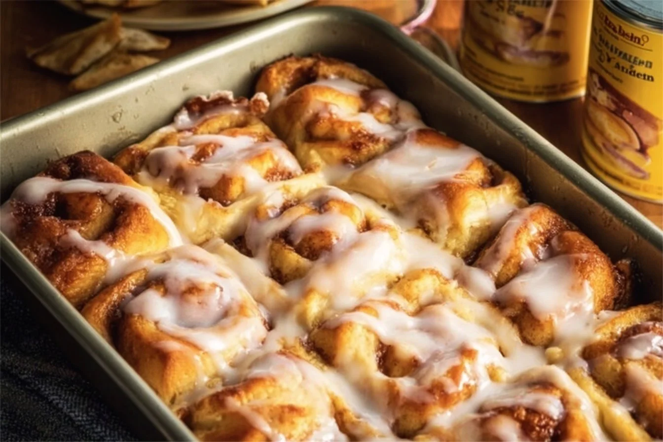 2 Ingredient Apple Cinnamon Roll Bake 4 Freshly baked 2 ingredient apple cinnamon roll topped with icing.