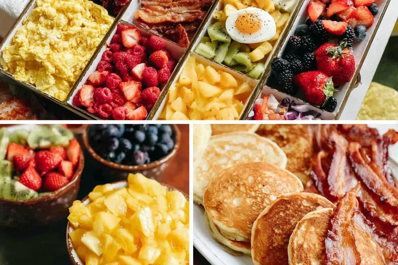 A variety of easy breakfast ideas on a table including pancakes, smoothies, and fruits.