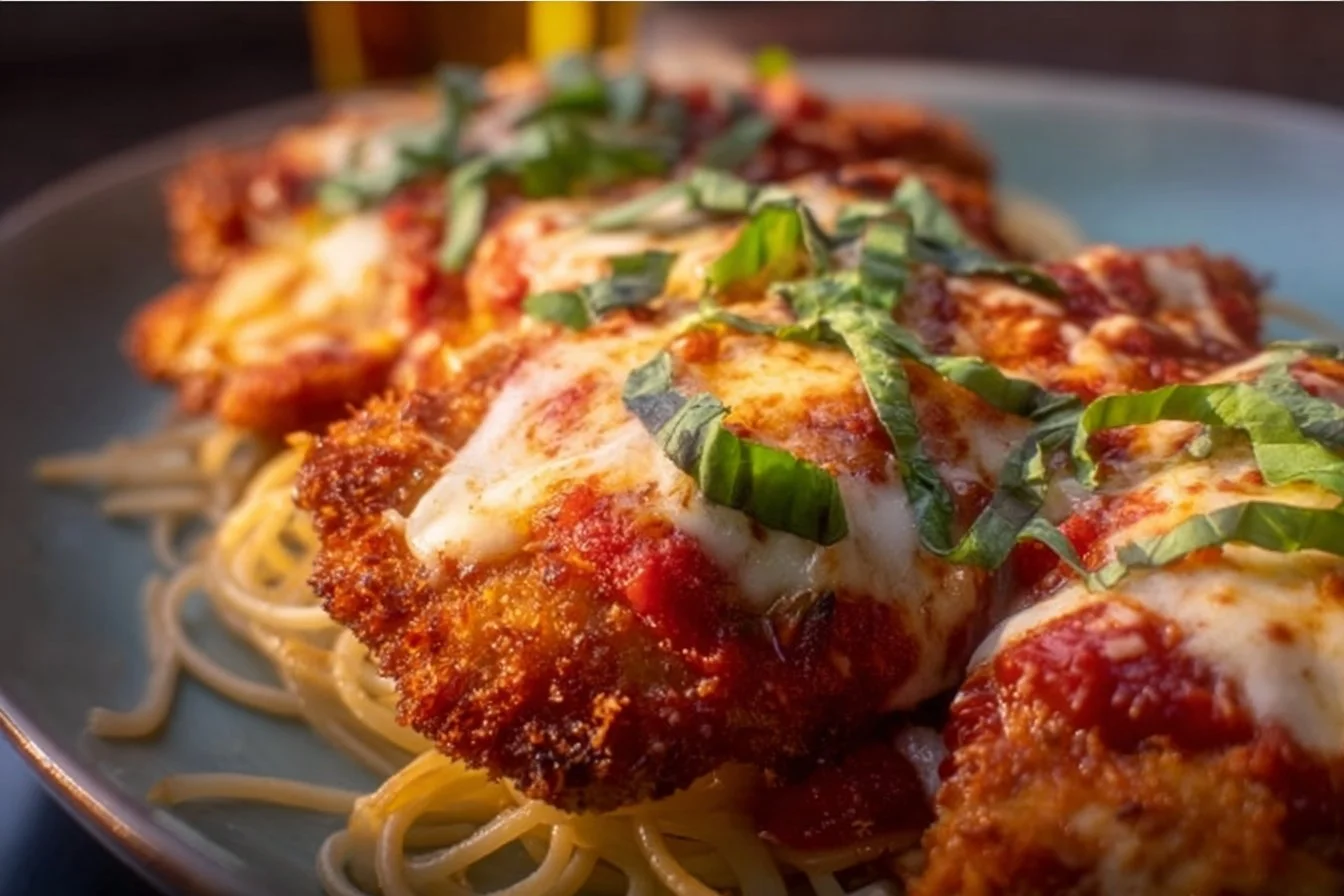 30 Minute Chicken Parmesan dish ready to serve with melted cheese and marinara sauce