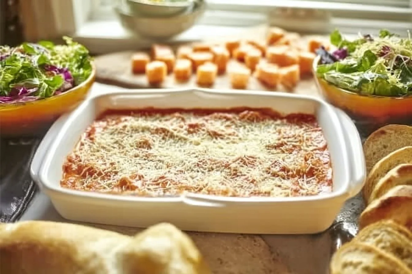 30 Minute Chicken Parmesan Casserole served in a dish with melted cheese and marinara sauce.