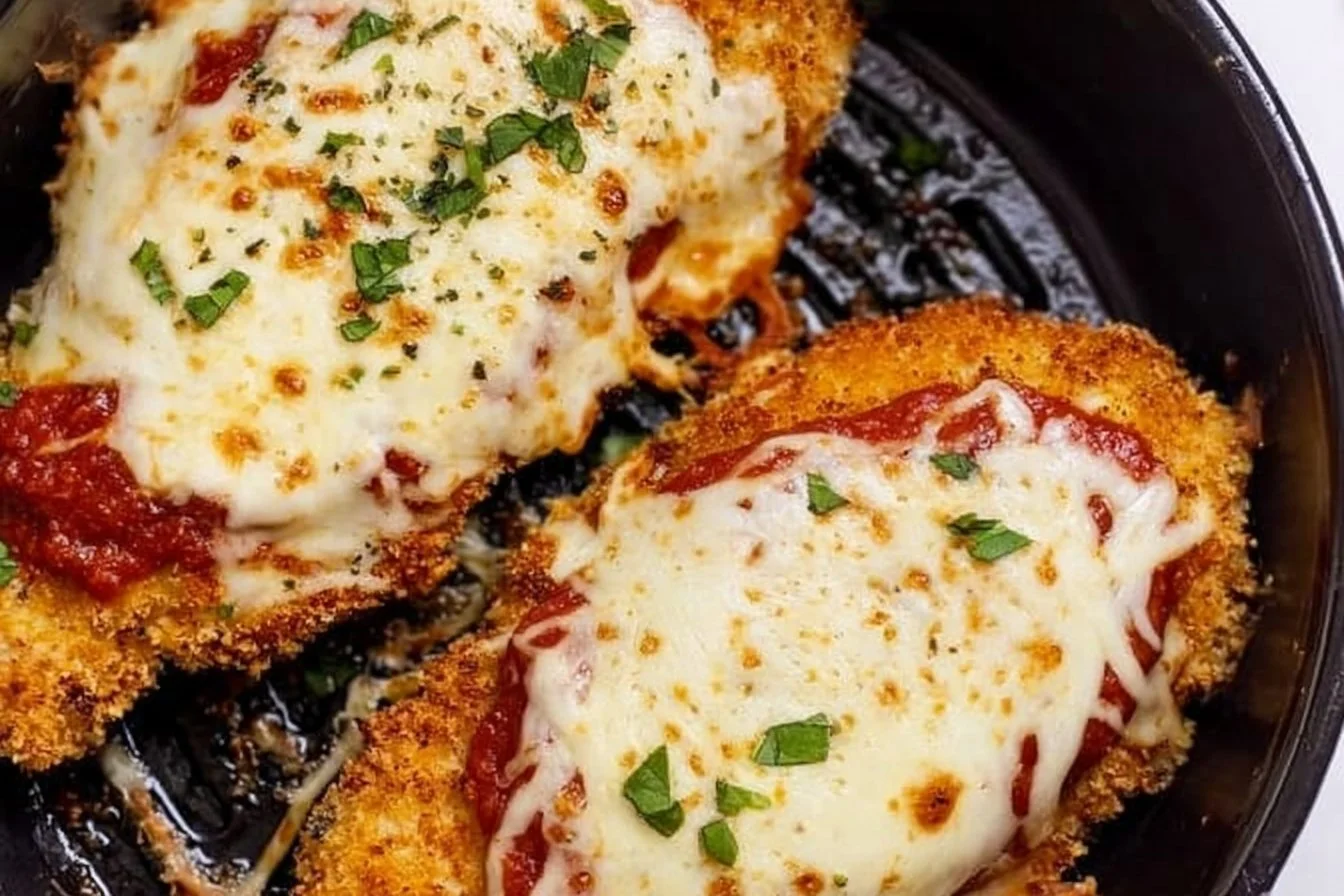 Crispy air fryer chicken parmesan served on a plate with fresh basil