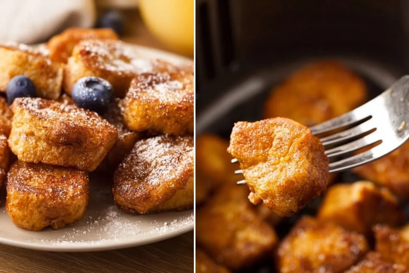 Air Fryer French Toast Bites served on a plate with syrup and berries