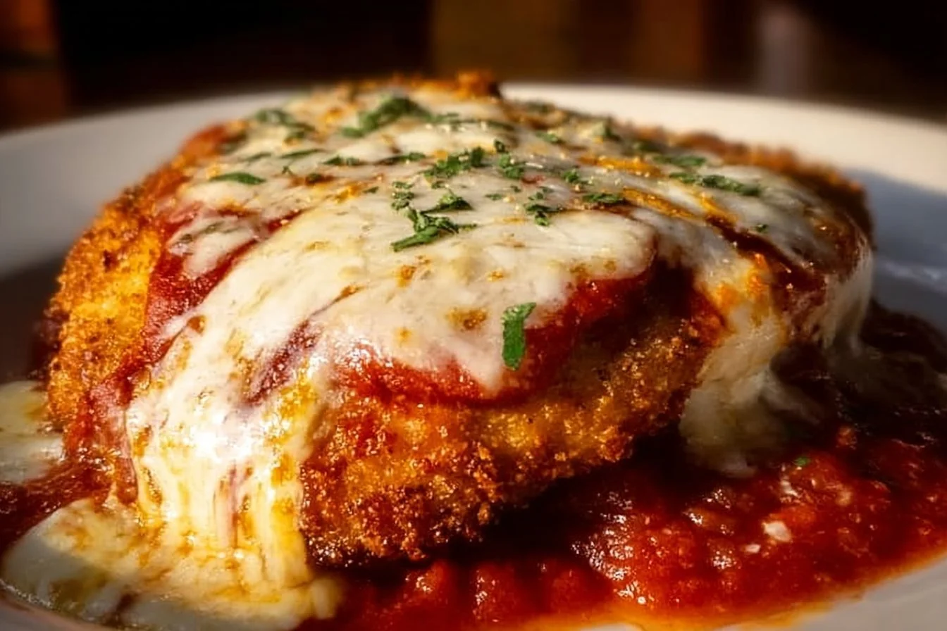 Plate of Amazing Baked Chicken Parmesan with melted cheese and herbs
