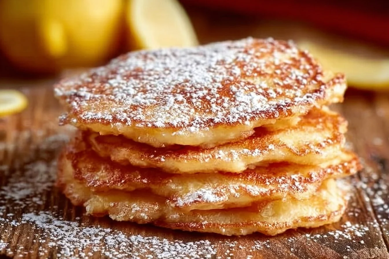 Fluffy apple yogurt pancakes stacked on a plate with syrup and apple slices