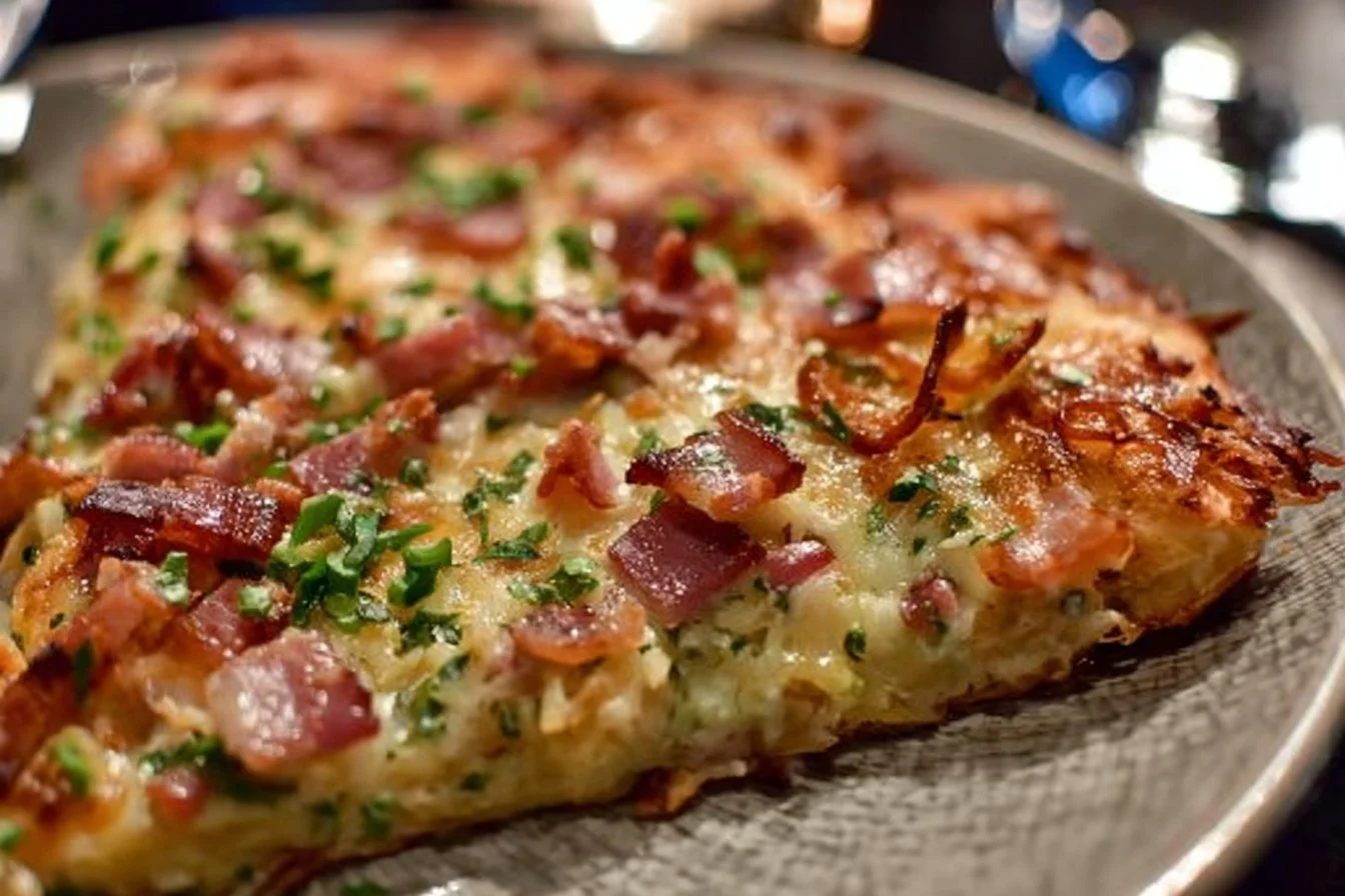 Delicious Bacon Potato Frittata served on a plate with fresh herbs
