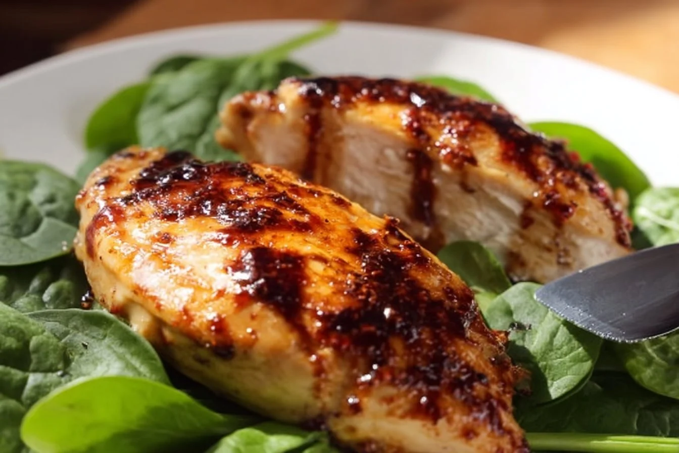 Baked Balsamic Chicken Breast 5 Baked balsamic chicken breast garnished with herbs on a plate