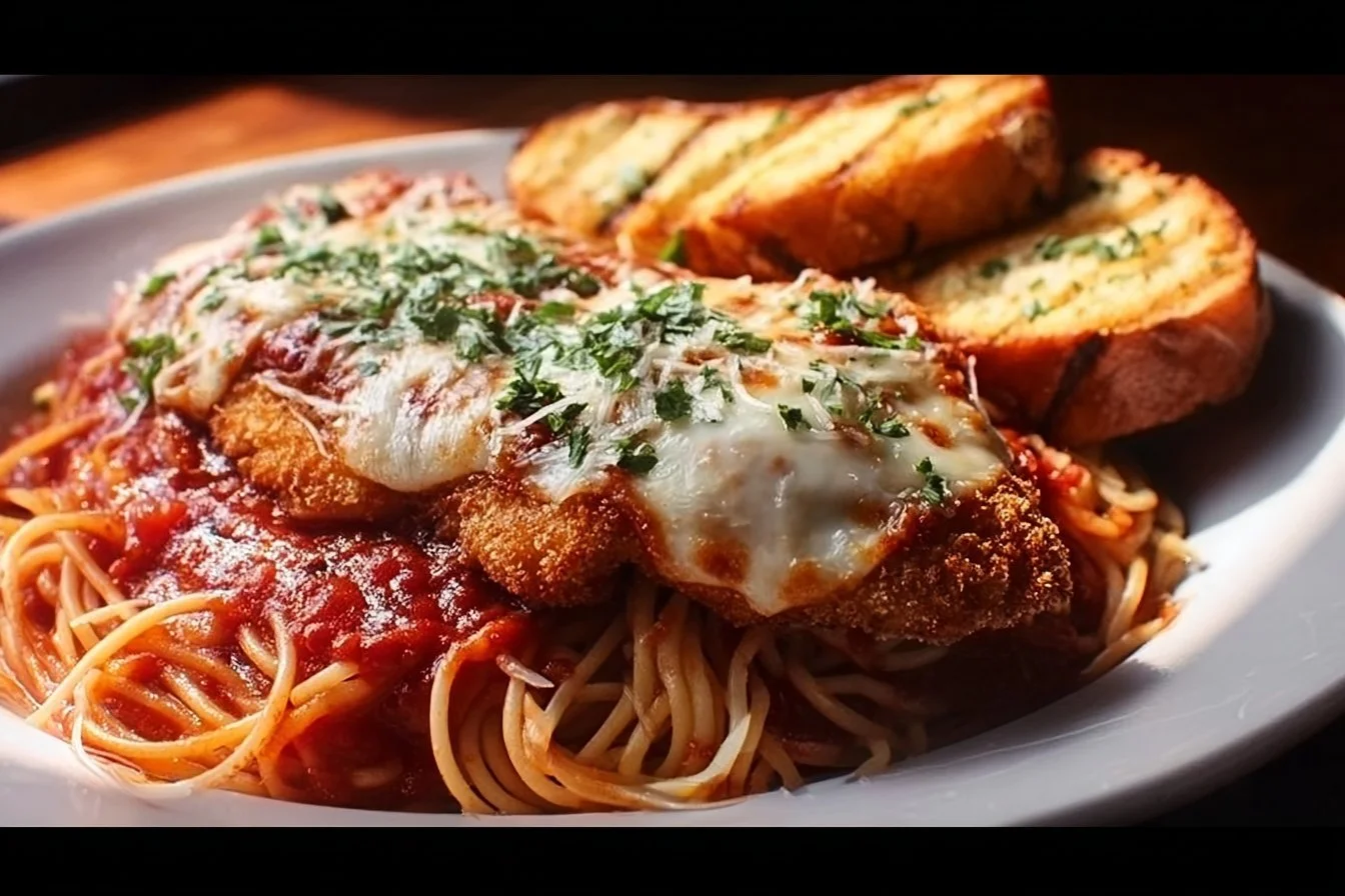 Delicious Baked Chicken Parmesan served with fresh basil and mozzarella cheese