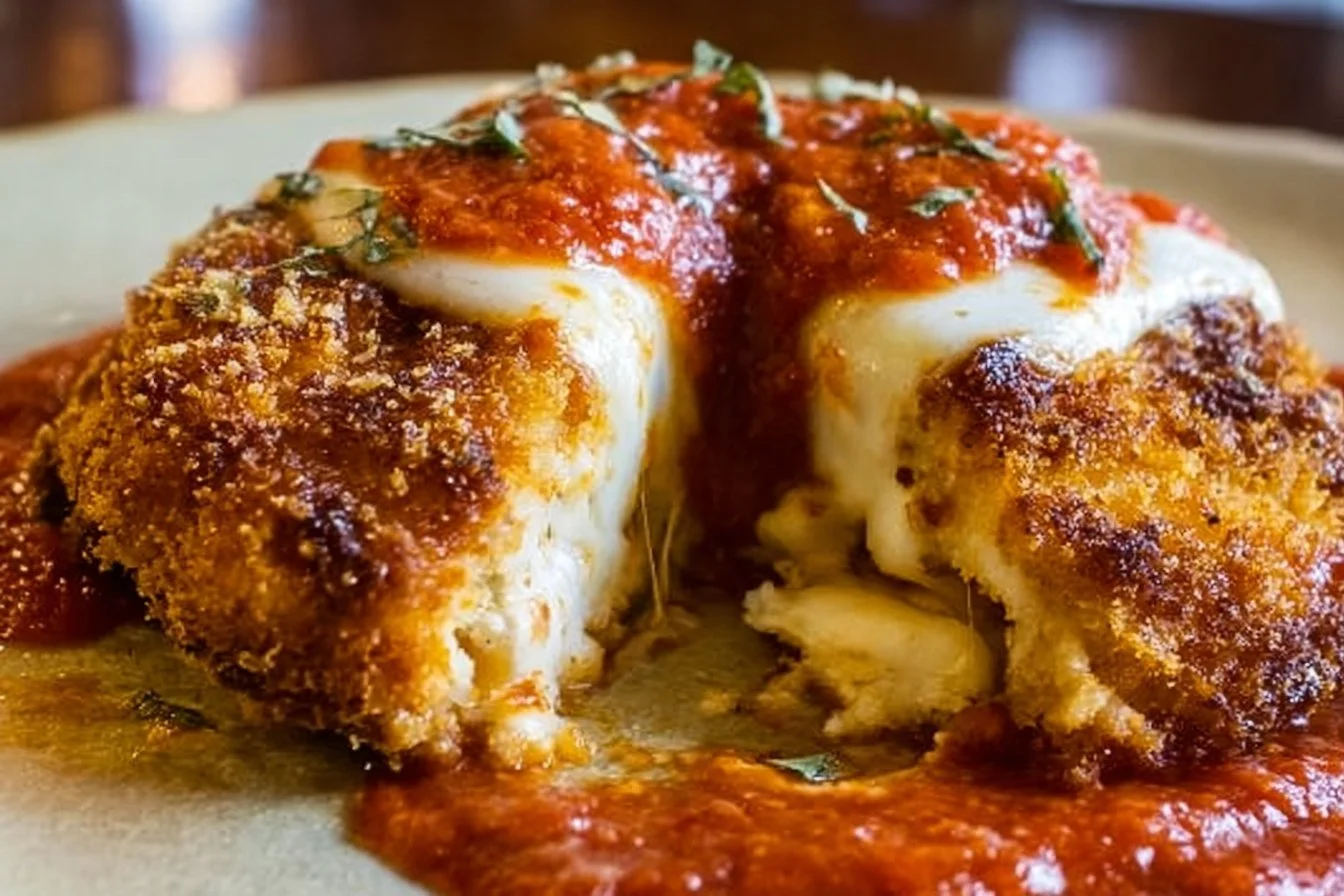 Delicious baked chicken parmesan served with marinara sauce and cheese topping
