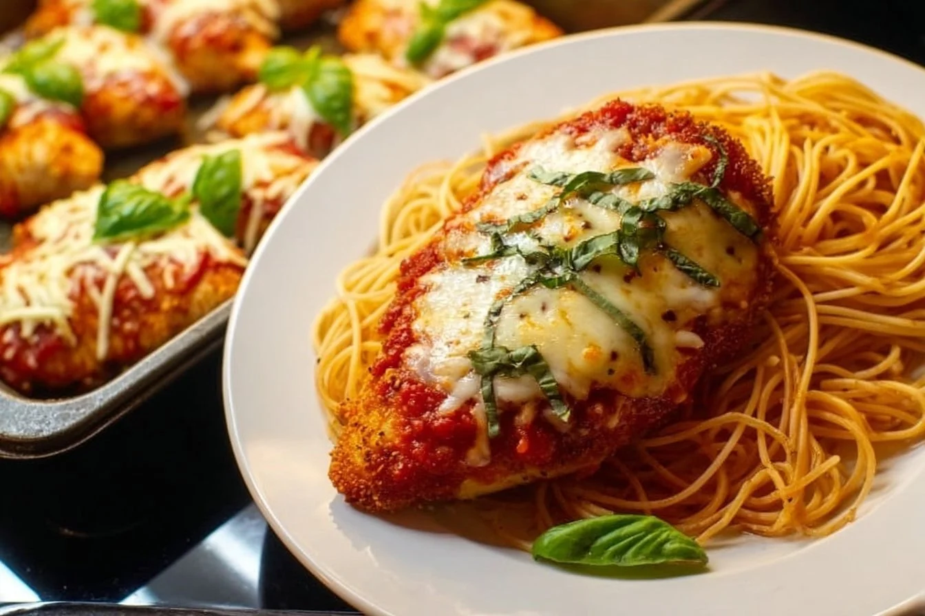 Baked chicken parmesan topped with melted cheese and fresh herbs