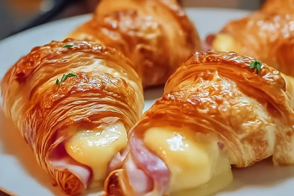 Freshly baked ham and cheese croissants on a wooden table.