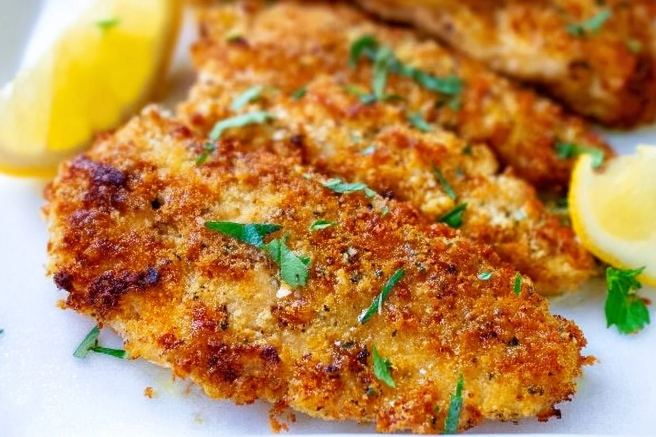 Baked Parmesan Crusted Chicken served on a plate with herbs