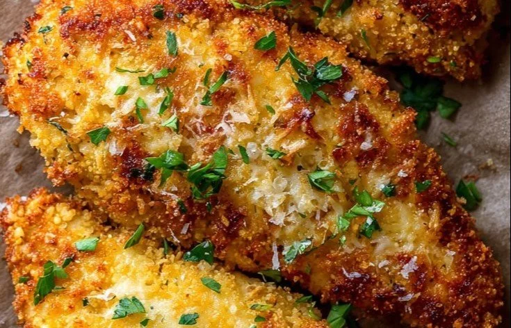 Baked Parmesan Crusted Chicken on a plate garnished with herbs.