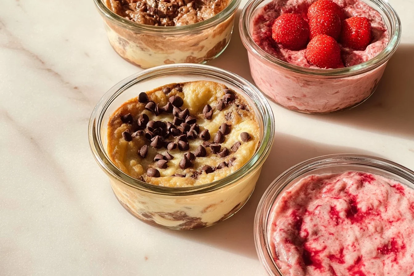 Baked Protein Pancake Bowls 4 Baked protein pancake bowls topped with fruits and nuts for a healthy breakfast option.