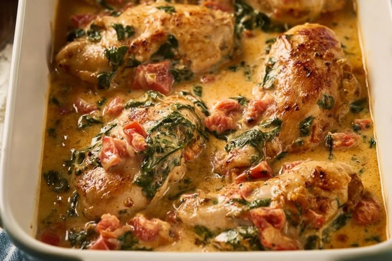 Baked Tuscan Chicken Breast with herbs and tomatoes on a plate