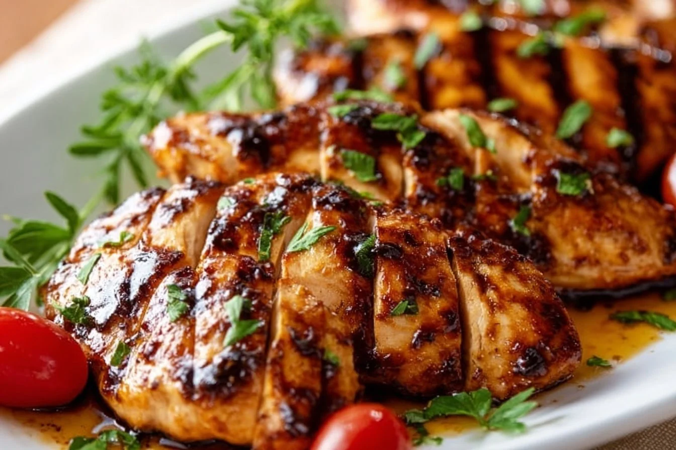 Balsamic Baked Chicken Breast 4 Juicy balsamic baked chicken breast garnished with herbs