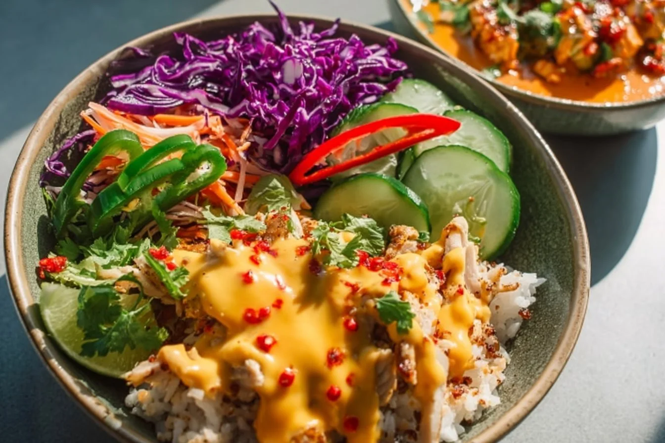 Bang Bang Chicken Bowl with fresh vegetables and spicy sauce