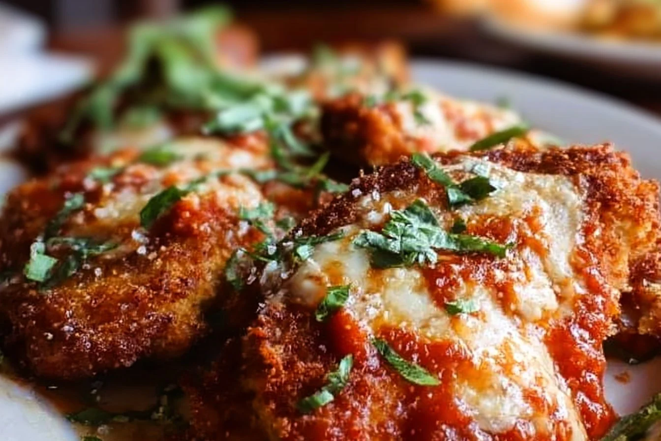 Delicious homemade chicken parm served with spaghetti and marinara sauce