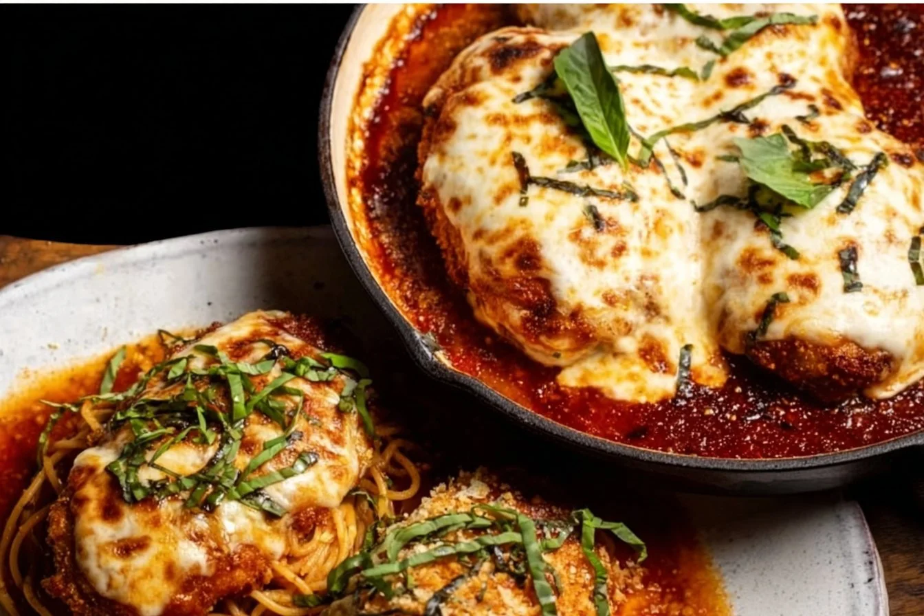 Delicious chicken parmesan topped with melted cheese and marinara sauce