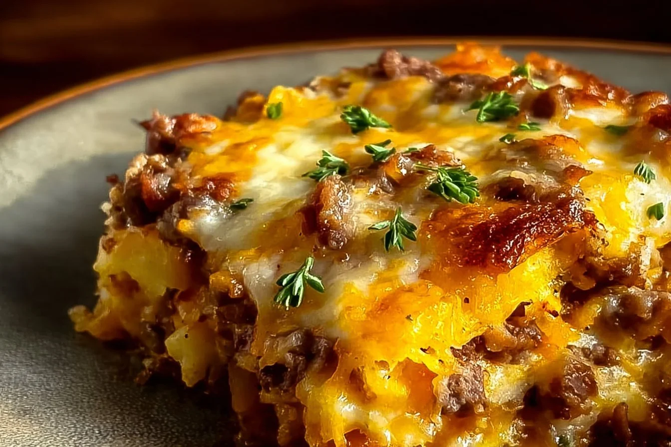 Delicious hashbrown breakfast casserole topped with cheese and herbs
