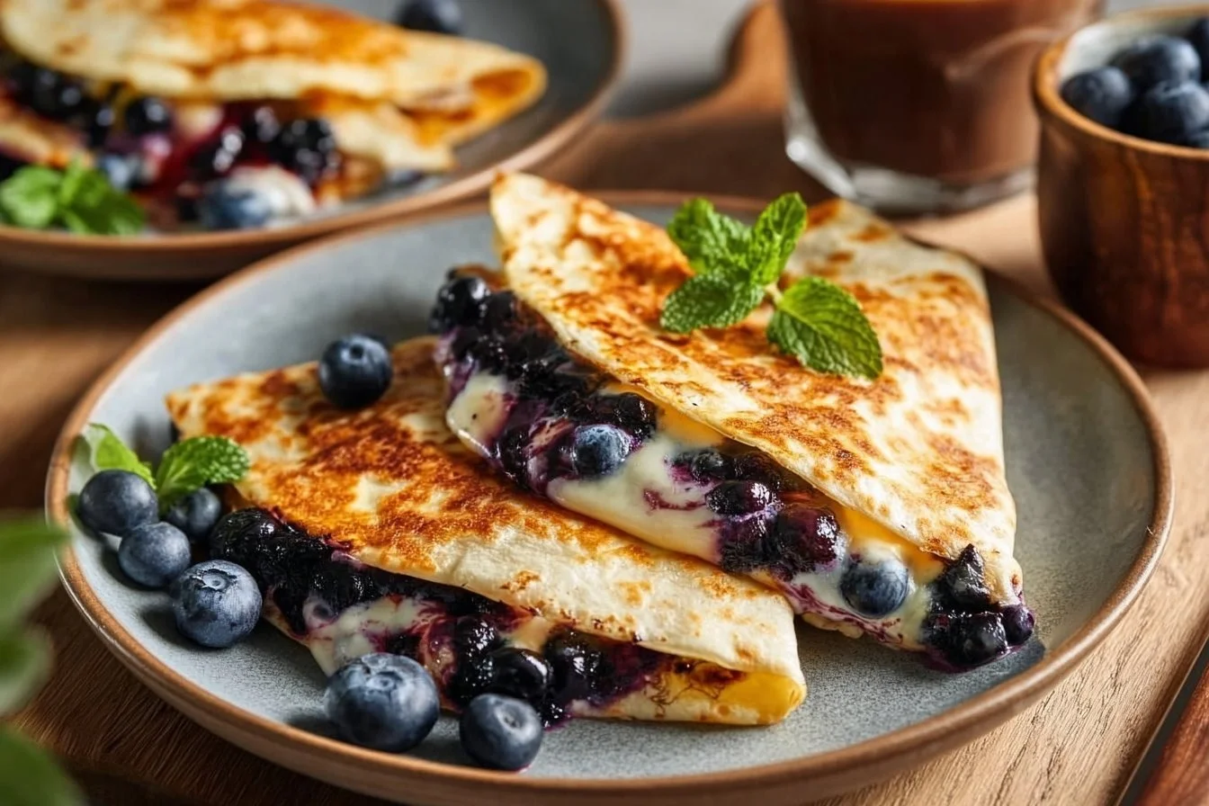 Blueberry breakfast quesadilla with melted cheese and fresh blueberries