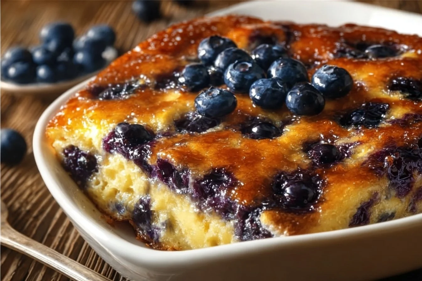 Blueberry Buttermilk Pancake Casserole served warm with fresh blueberries