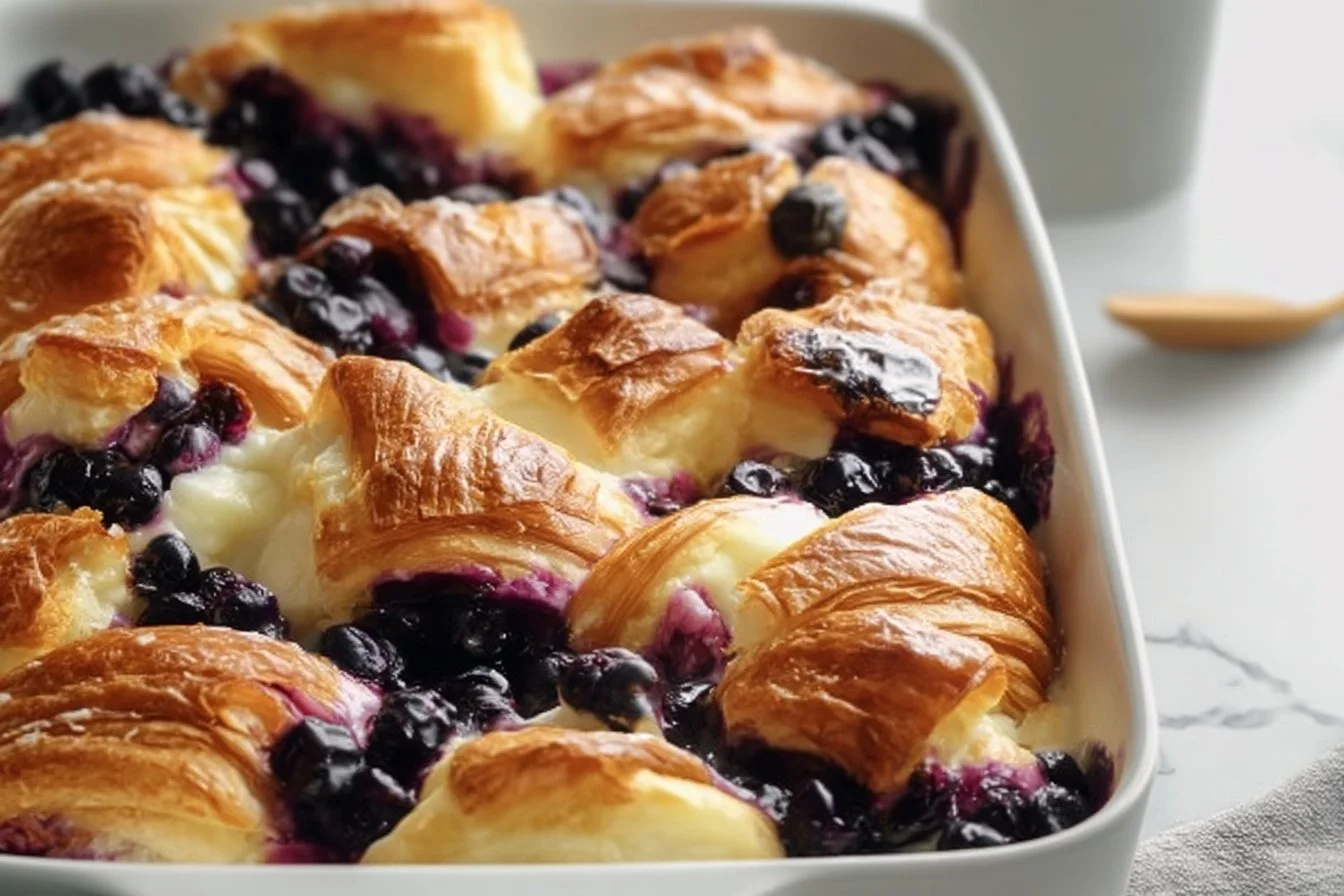 Blueberry Cream Cheese Croissant Casserole topped with fresh blueberries and cream cheese