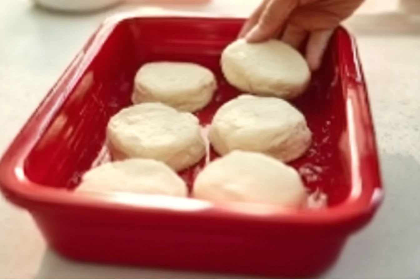 Delicious Breakfast Biscuit Casserole served on a plate with herbs and toppings
