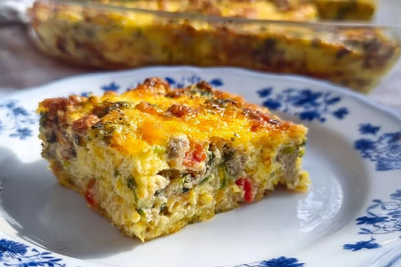 Delicious breakfast casserole ready to be served on a table.