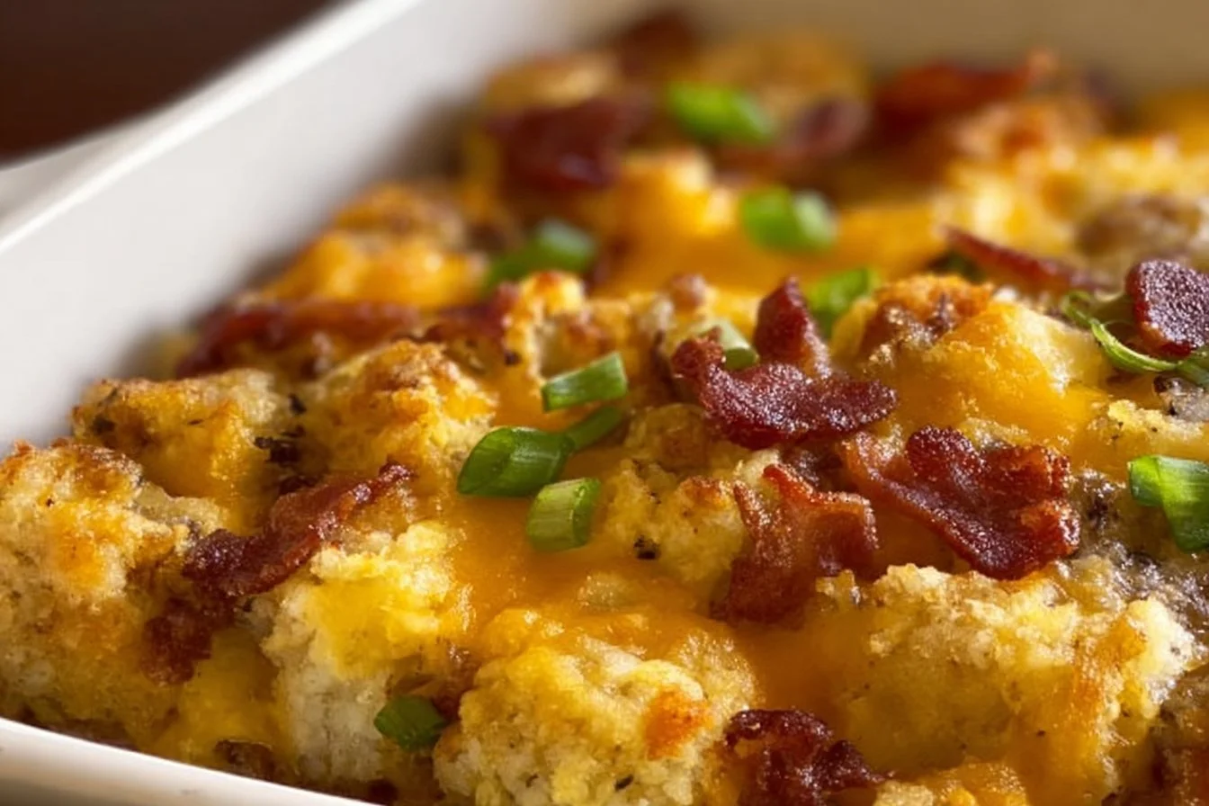 Delicious breakfast casserole with ingredients like eggs, cheese, and vegetables