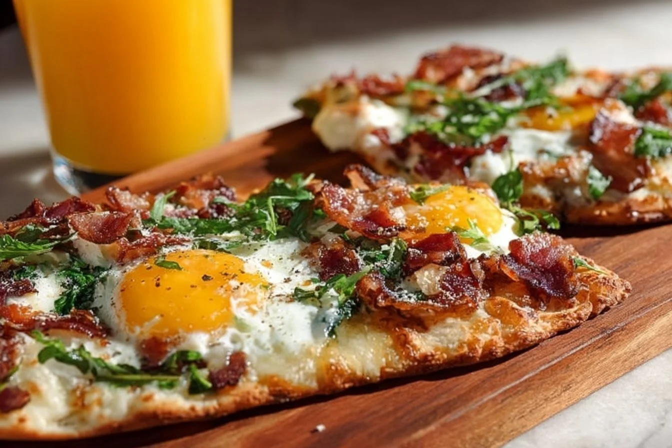 Delicious breakfast flatbreads topped with various ingredients ready to serve.