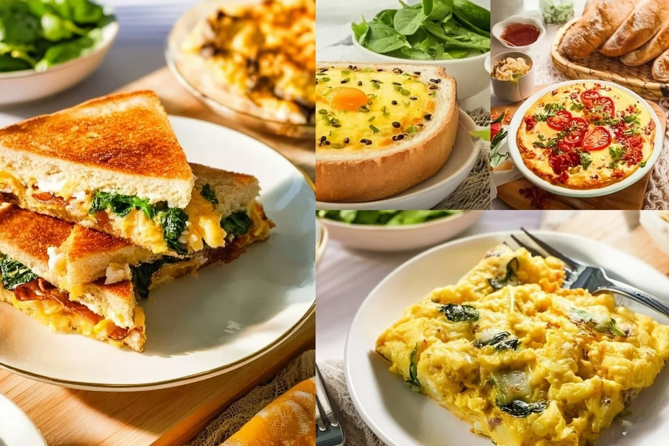 Delicious breakfast spread perfect for dinner with pancakes, eggs, and bacon.