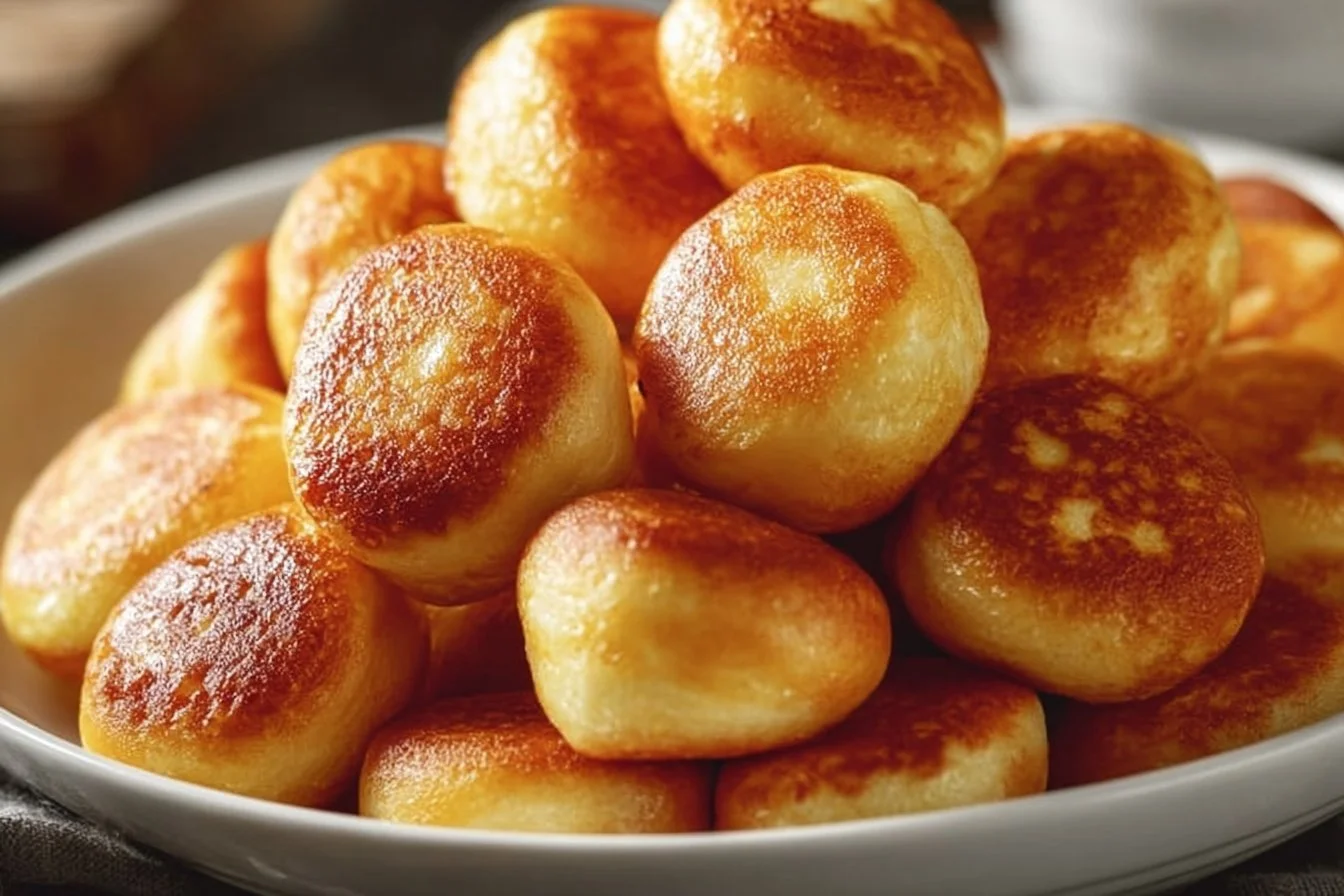 Delicious breakfast pancake poppers served with syrup and berries