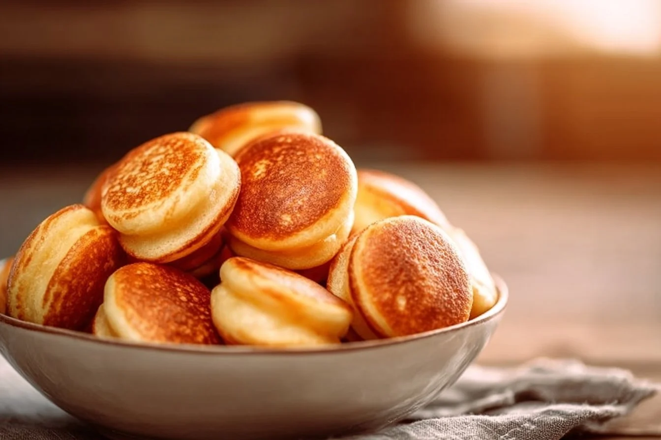 Delicious breakfast pancake poppers served with syrup and fruit.