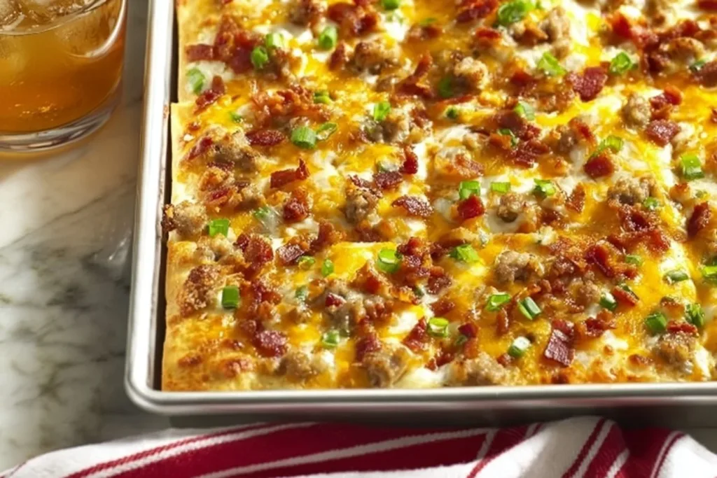 Homemade breakfast pizza topped with eggs, bacon, and cheese.