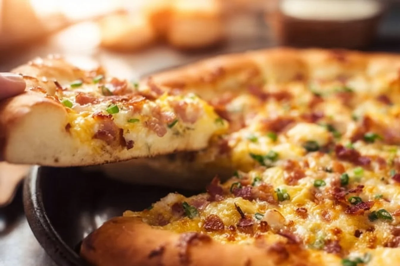 Delicious homemade Breakfast Pizza topped with eggs and cheese