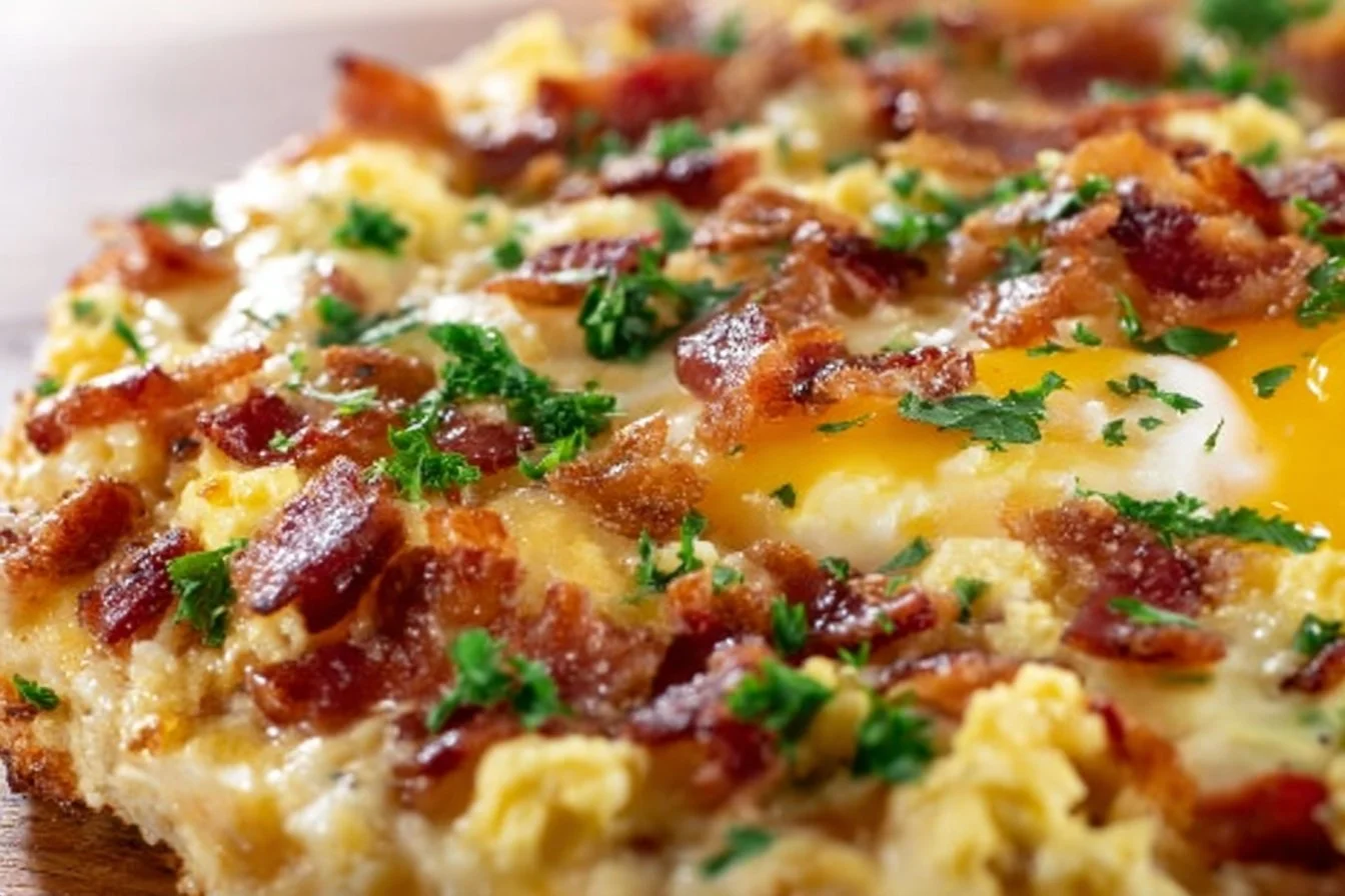 Breakfast Pizza: A Delightful Morning Treat 5 Delicious breakfast pizza topped with eggs, cheese, and fresh ingredients.