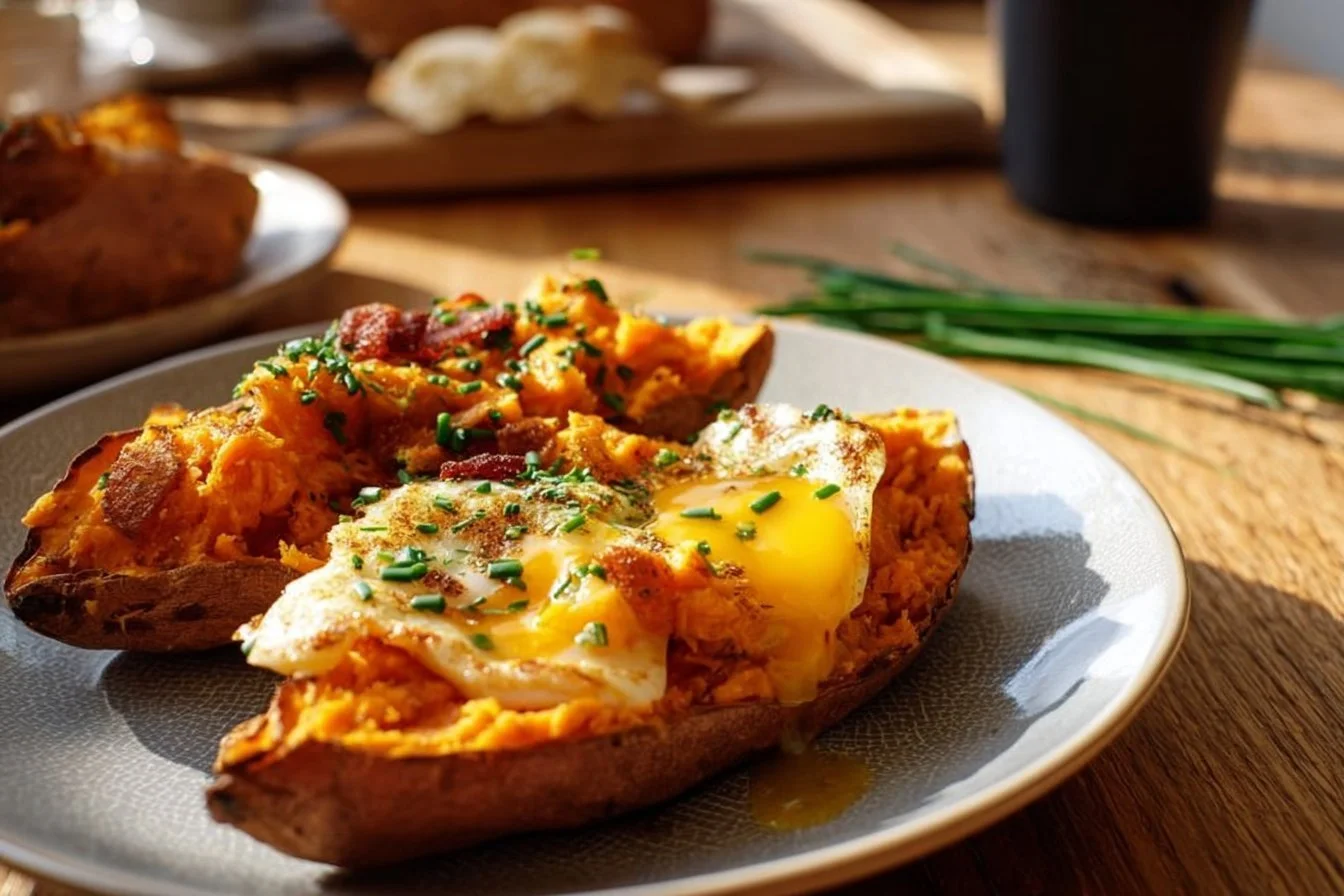 Breakfast sweet potato bake topped with eggs and bacon in a casserole dish