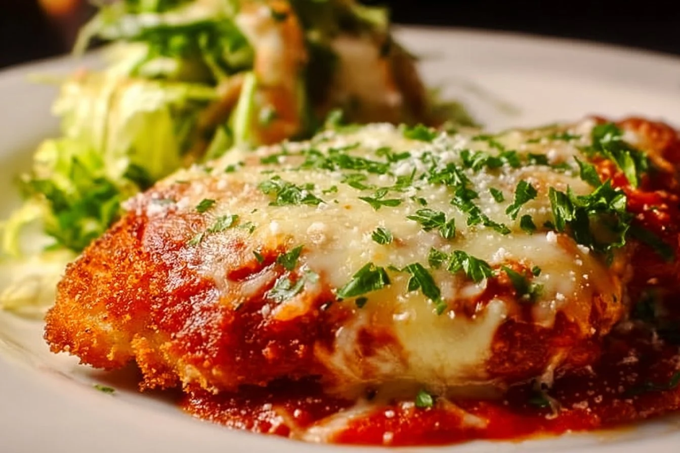 Delicious plate of Cheesy Chicken Parmesan topped with melted cheese and fresh herbs