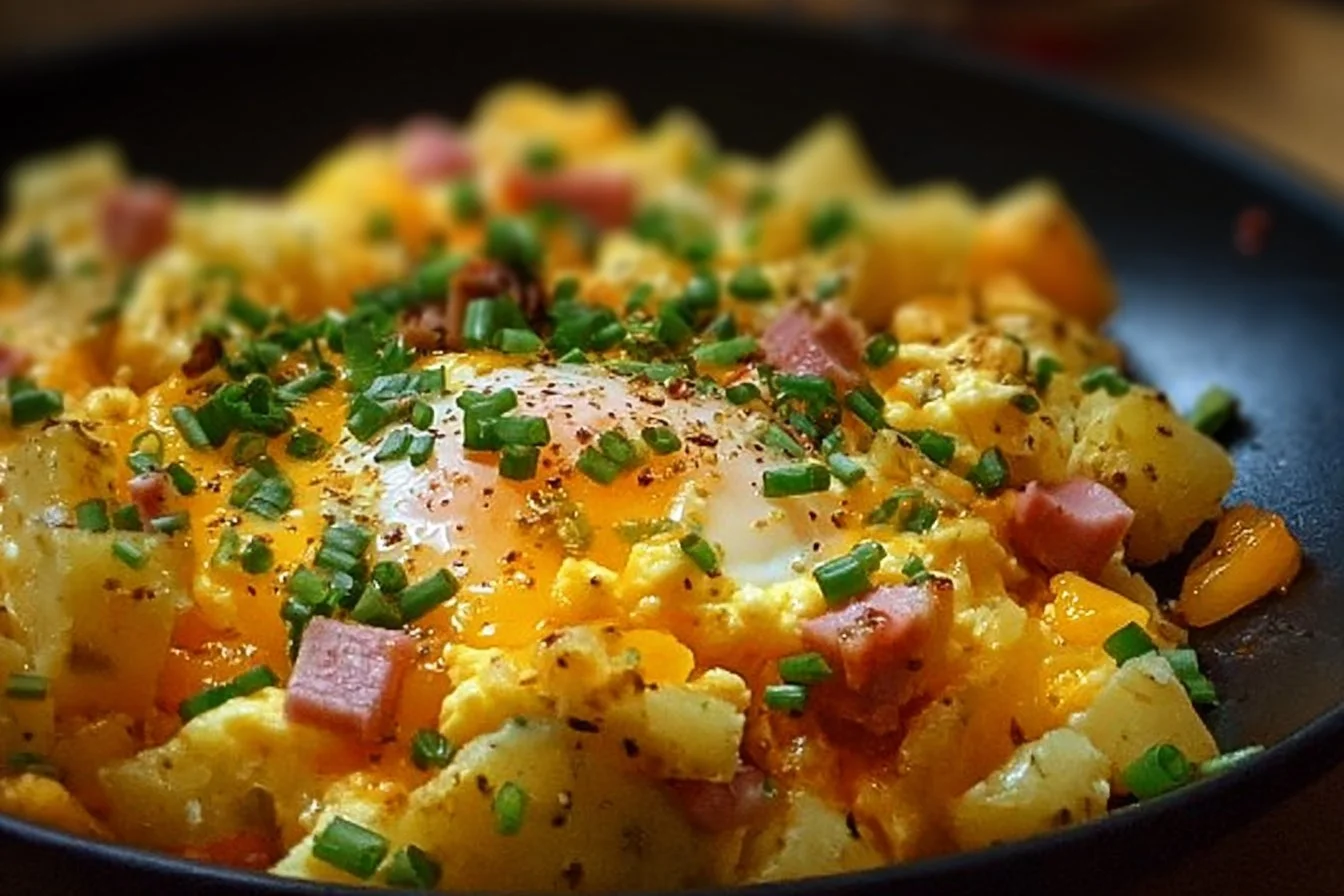 Cheesy potato egg scramble served in a bowl, garnished with herbs.