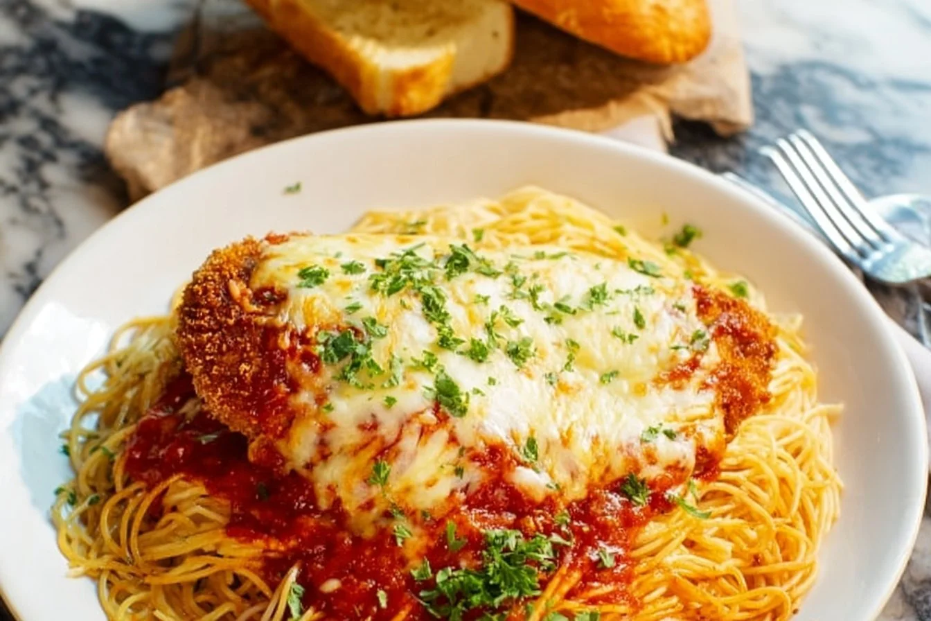 Delicious Chicken Parmesan with crispy chicken and melted cheese