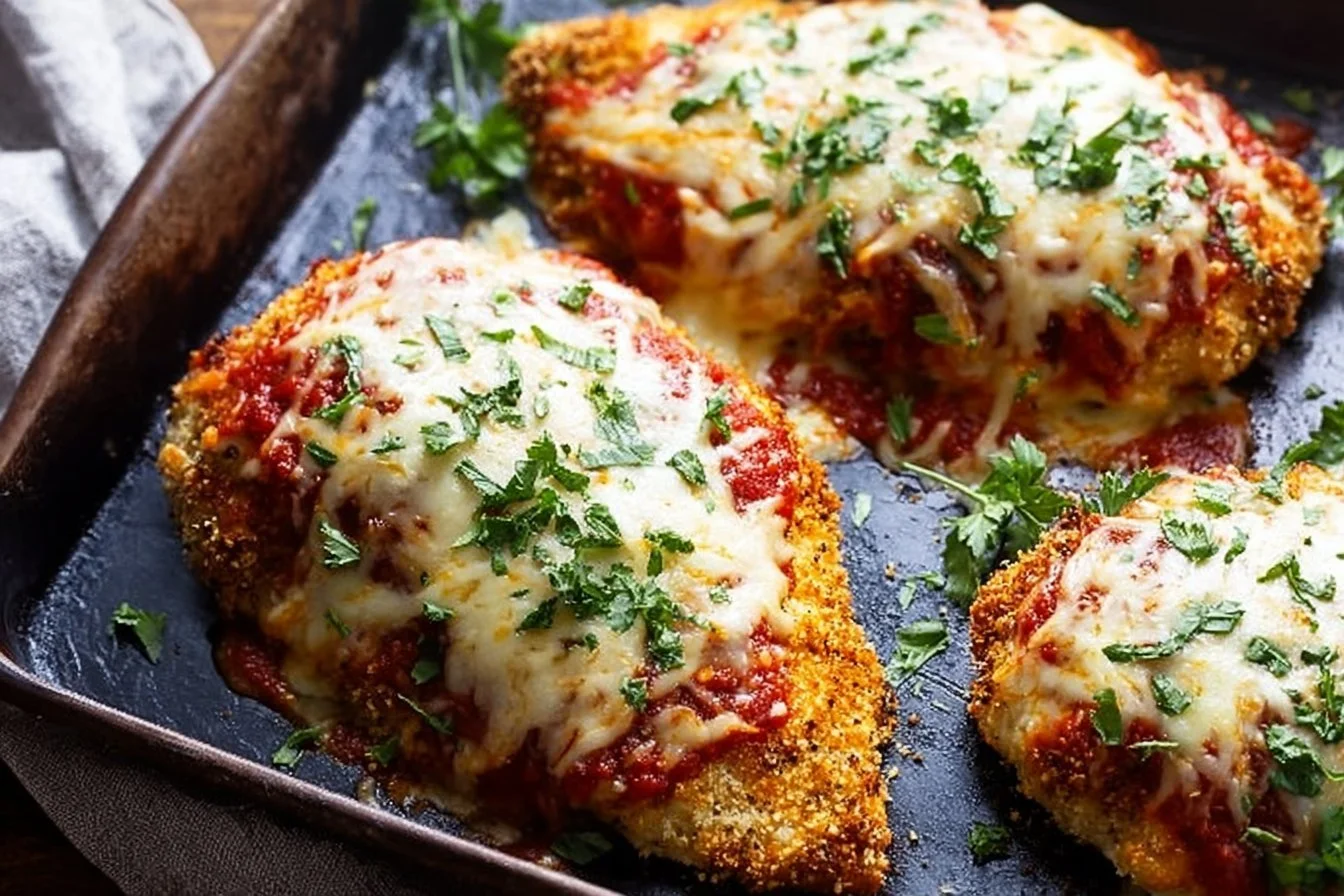 Plate of Chicken Parmesan topped with marinara sauce and melted cheese