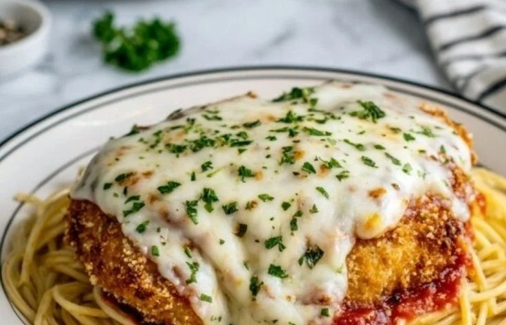 Plate of Chicken Parmesan with crispy chicken, marinara sauce, and melted cheese