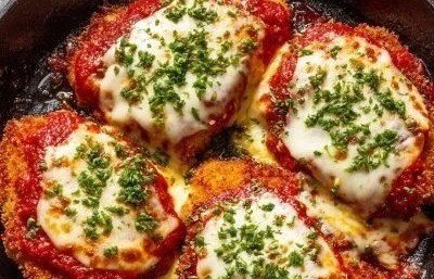 Plate of crispy Chicken Parmesan with marinara sauce and fresh basil