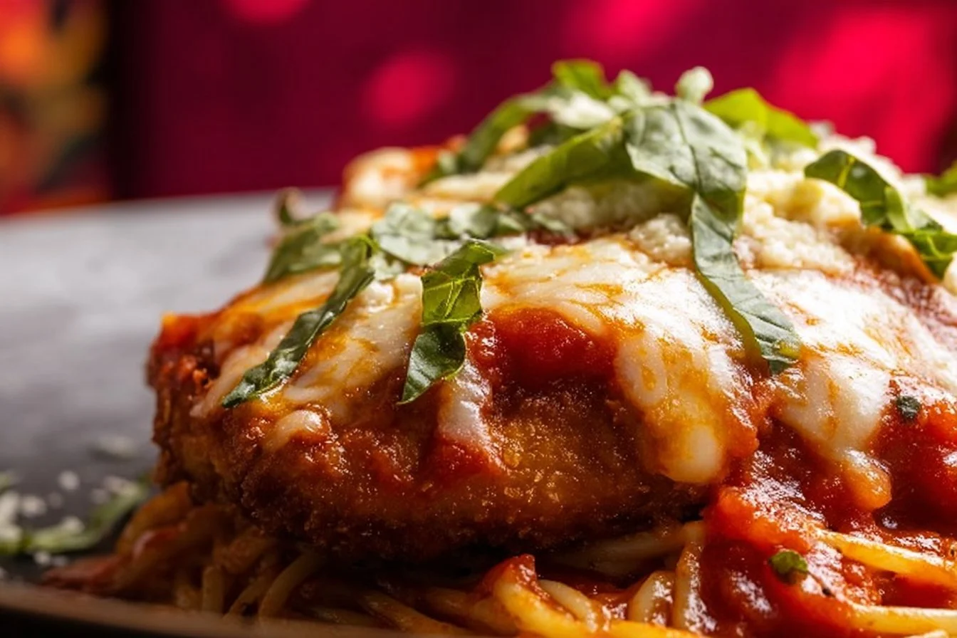 Delicious Chicken Parmesan dish with melted cheese and marinara sauce on top