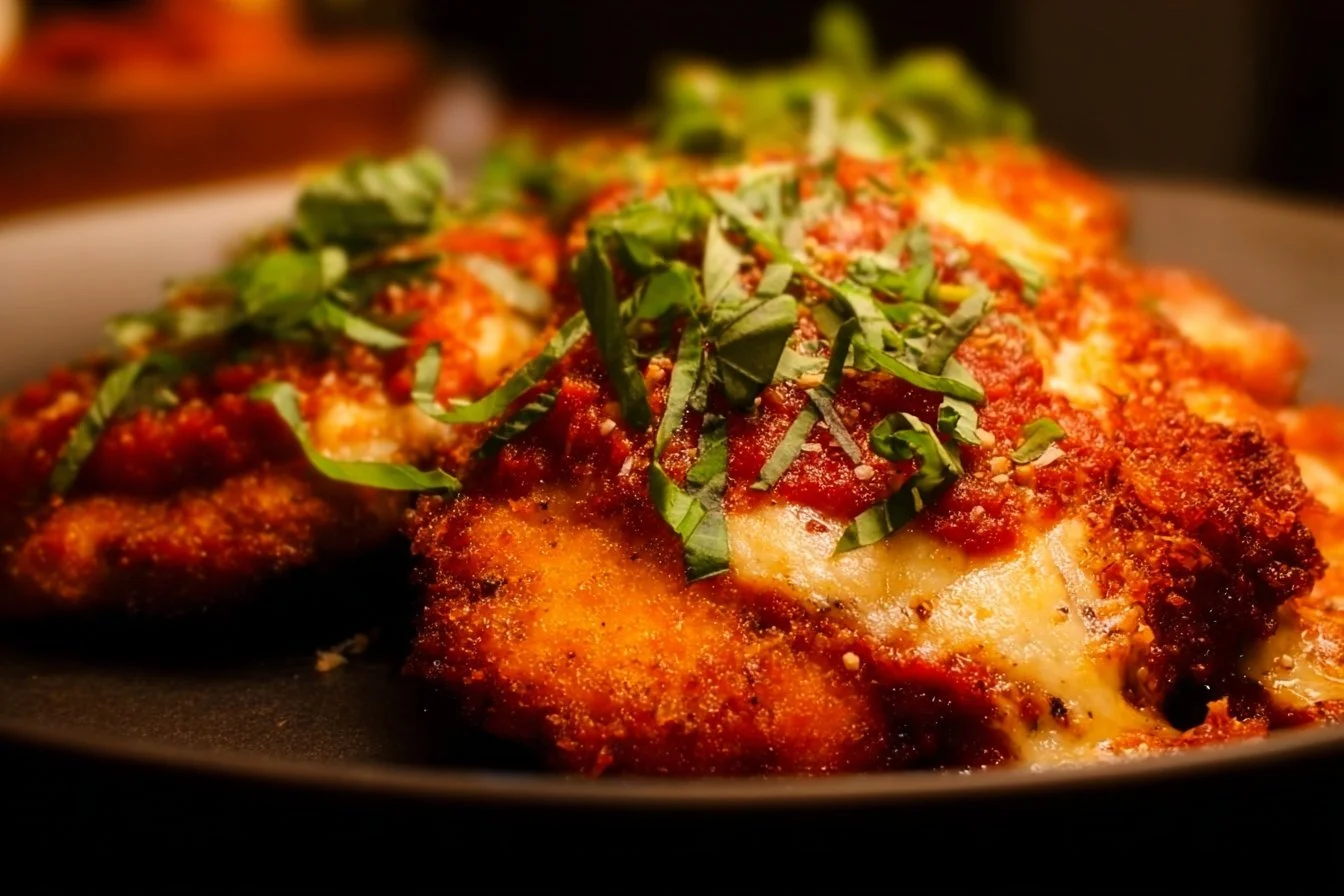Delicious Chicken Parmesan served with a side of pasta and marinara sauce