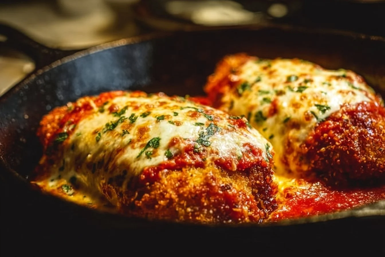 Delicious Chicken Parmesan with crispy chicken and marinara sauce on a plate